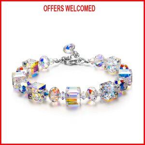 Sterling Silver Crystal Bracelet 7"+2" Extension, Gift Box